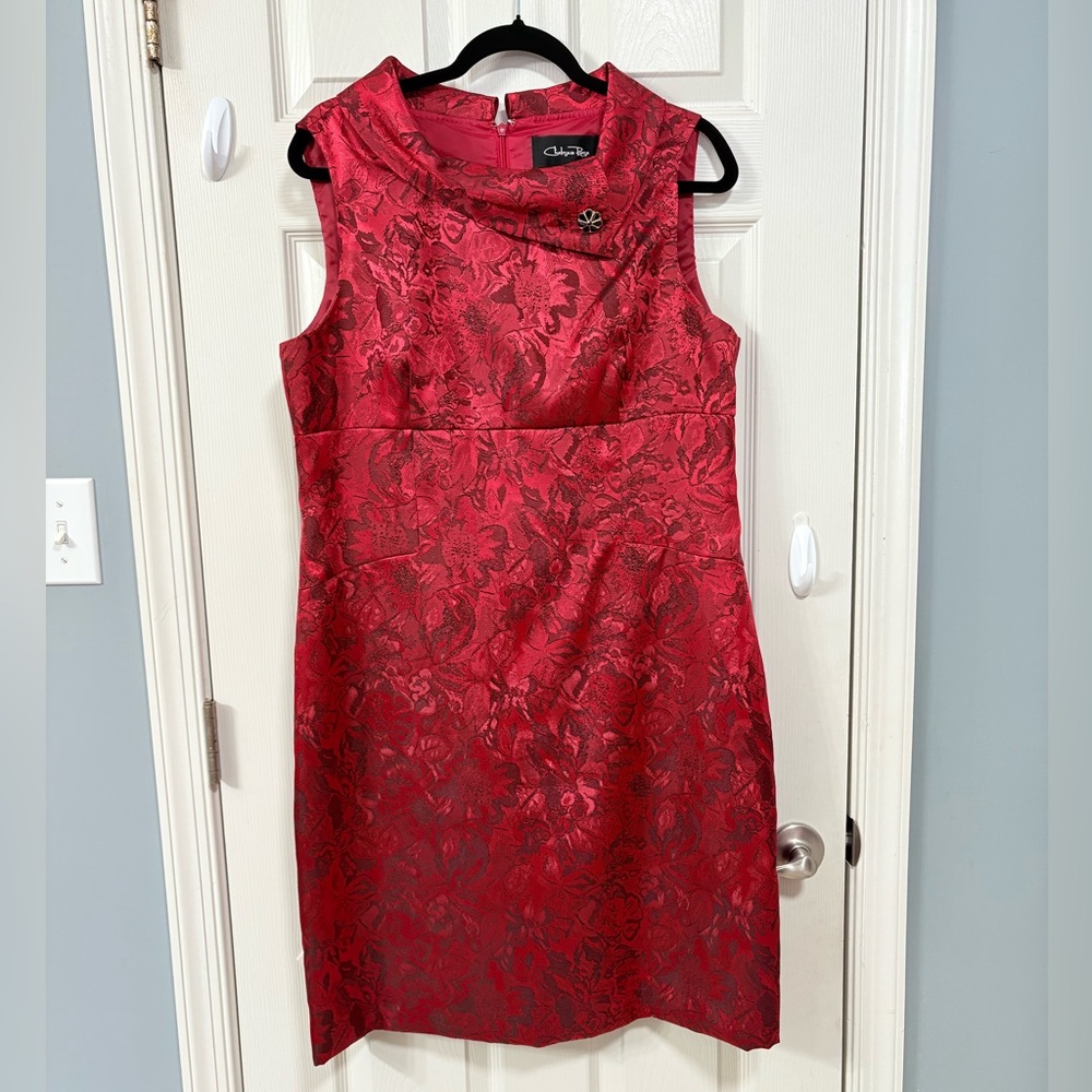 Chelsea Rose Brocade Red tailored defined waistline knee-length hem dress.